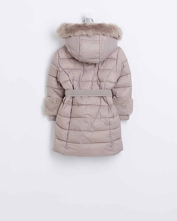 Mini Girls Stone Faux Fur Trim Puffer Coat