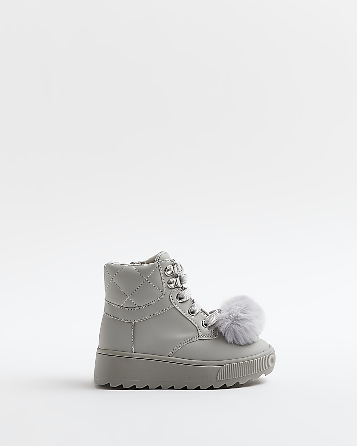 Mini girls Grey Pom Pom High Top Boots