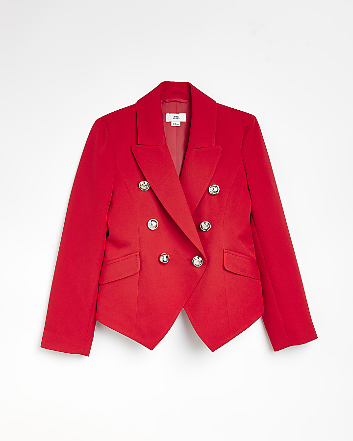 Girls Red Military Buttoned Blazer