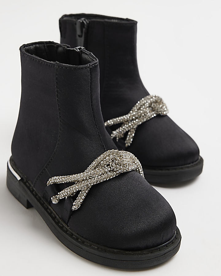 Mini Girls Black Diamante Satin Ankle Boots