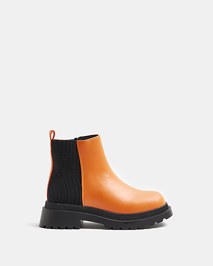 Girls Orange Chunky Heel Chelsea Boots