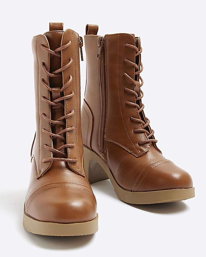 Girls brown lace up mid calf boots