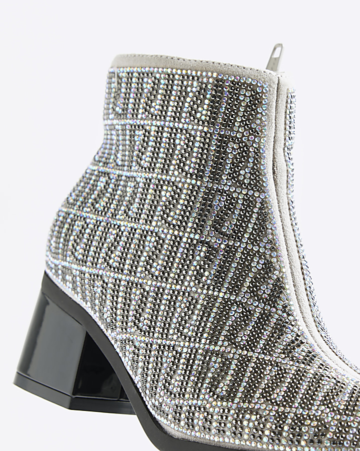 Girls silver RI monogram diamante boots