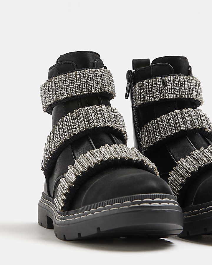 Girls Black Glitter Strap Chelsea Boot