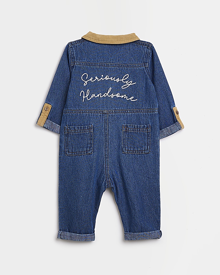 Baby boys Blue denim Slogan Boiler Suit