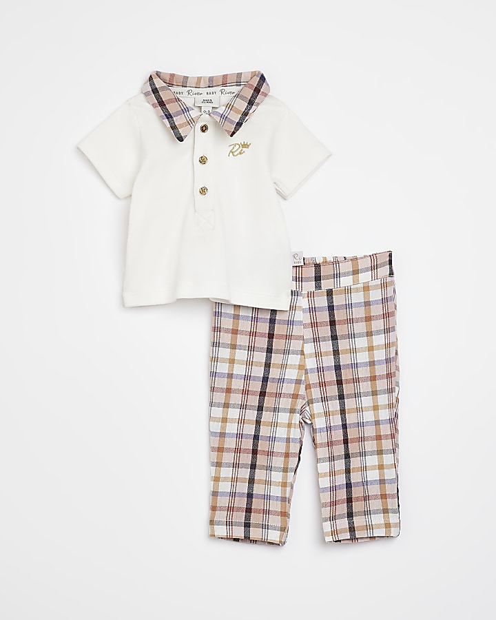 Baby boys Ecru check polo and Trouser Set