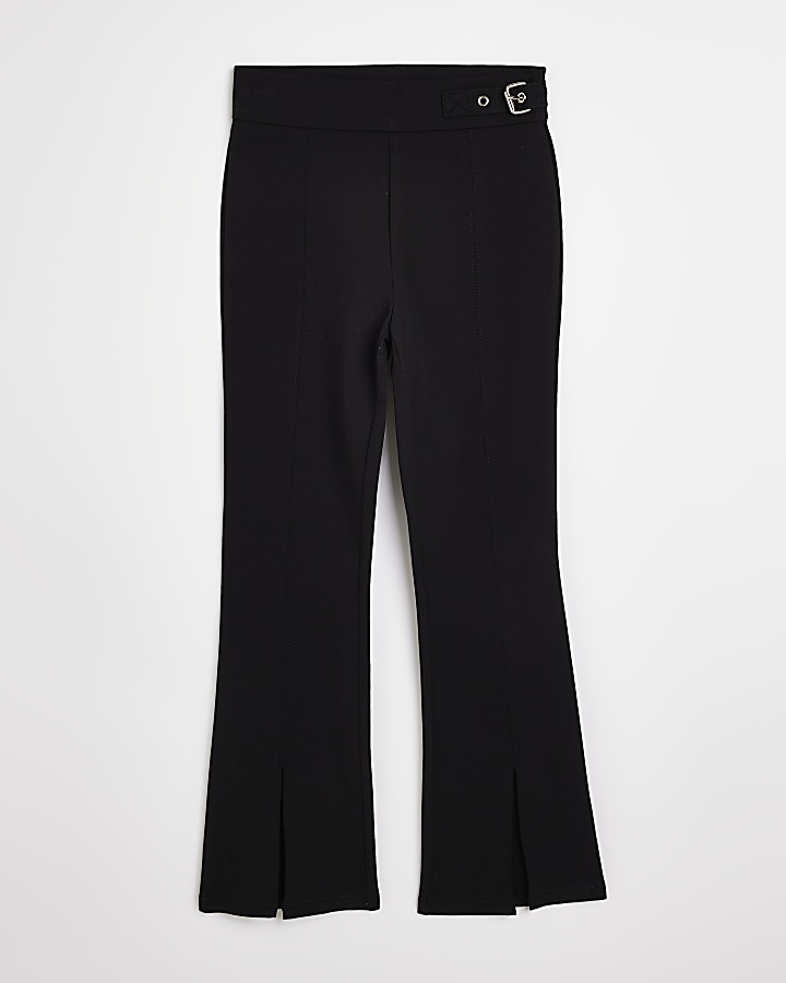 Girls black buckle split flared trousers