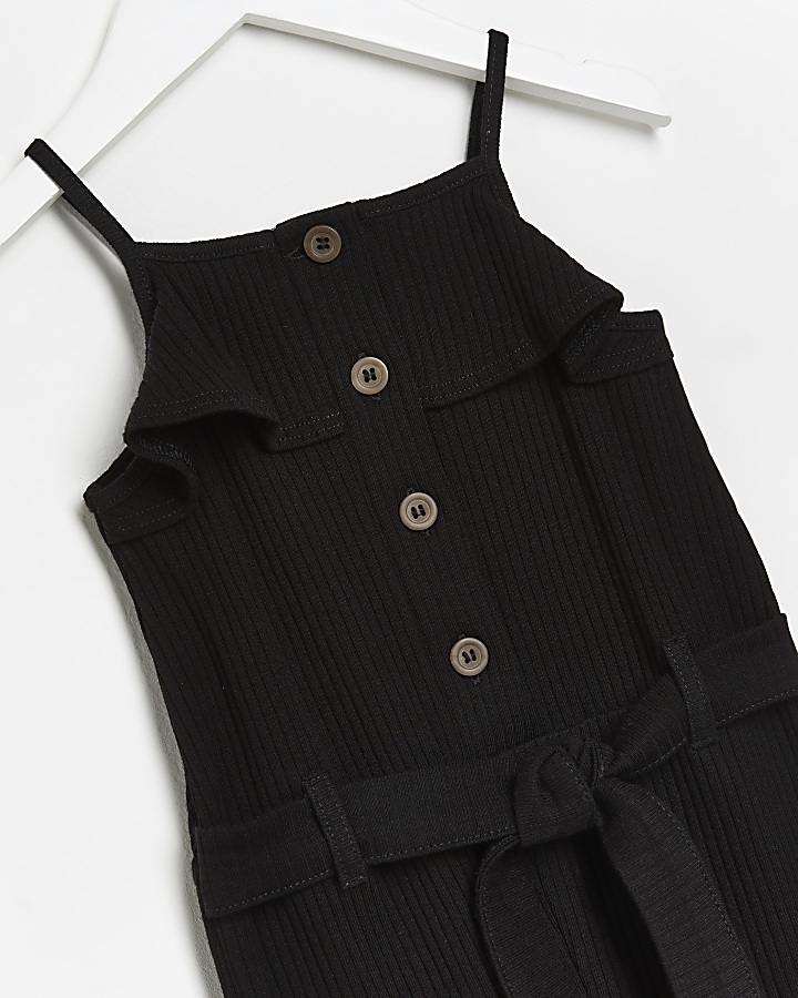 Mini girls black ribbed belted jumpsuit