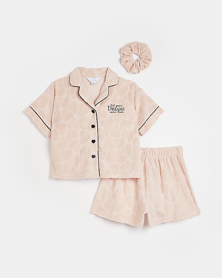 Girls pink heart Towelling loungewear Set River Island