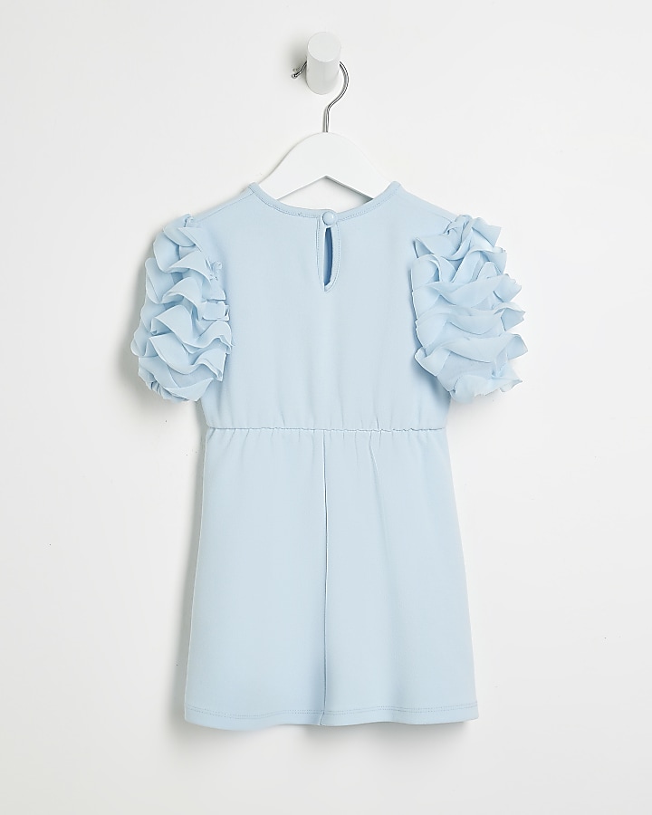 Mini girls blue scuba frill sleeve dress