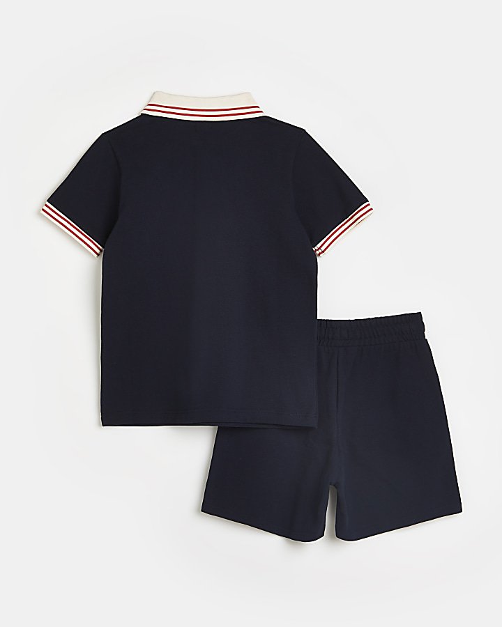 Boys navy tipped collar polo shirt outfit