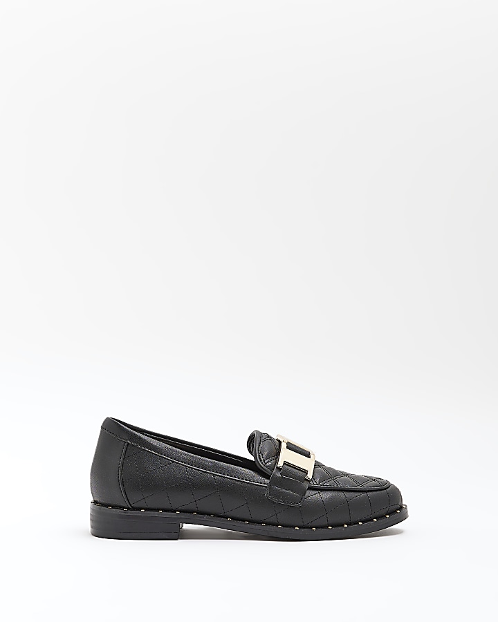 Girls Black PU Quilted Loafers | River Island