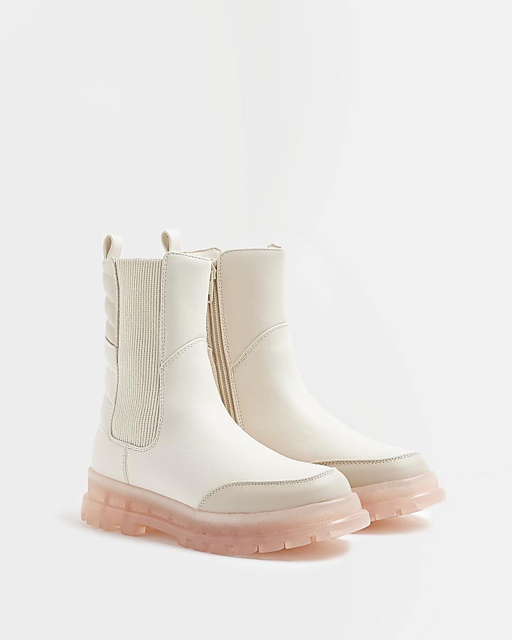 Girls Cream Padded Pink Sole Boots | River Island