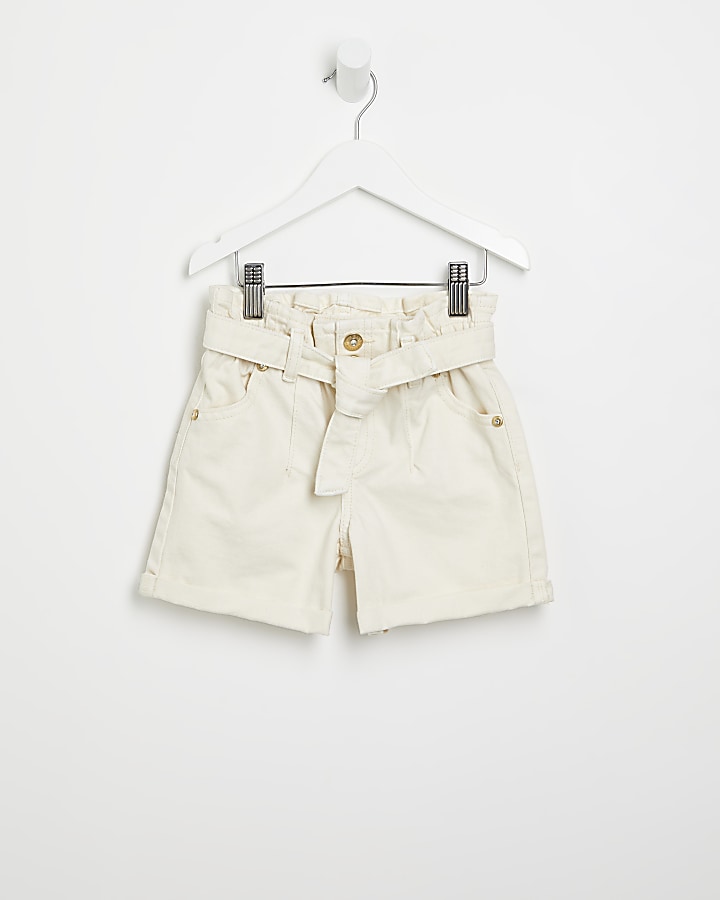 Mini girls ecru paperbag belted shorts