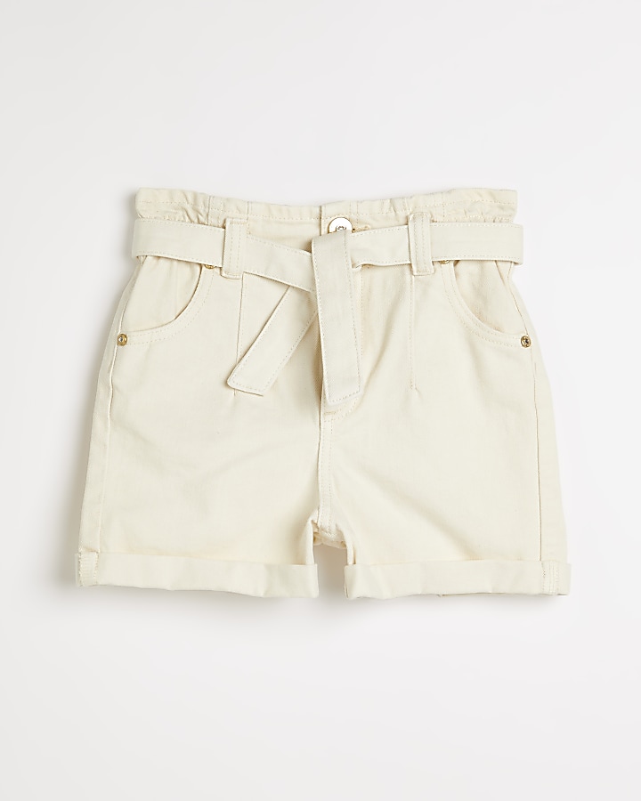 Girls ecru paperbag belted waist shorts | River Island