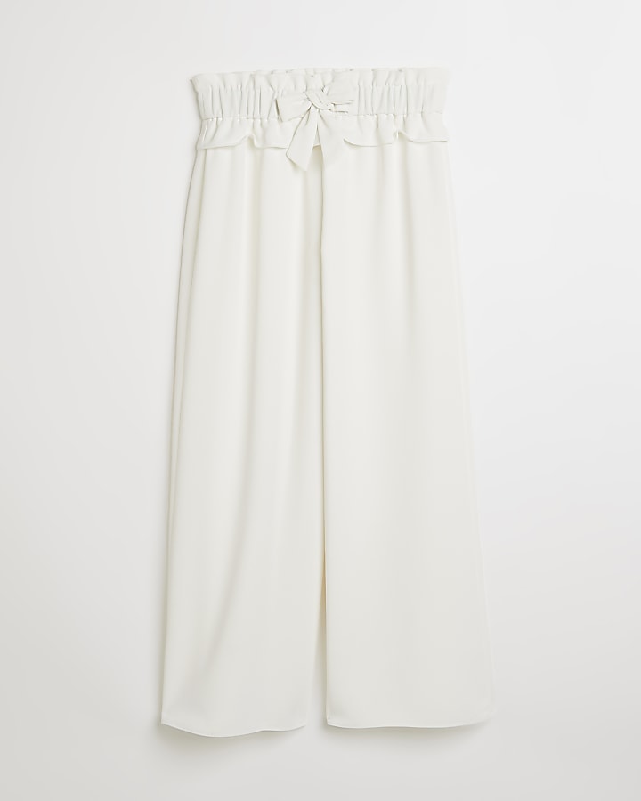 Girls white frill bow wide leg trousers