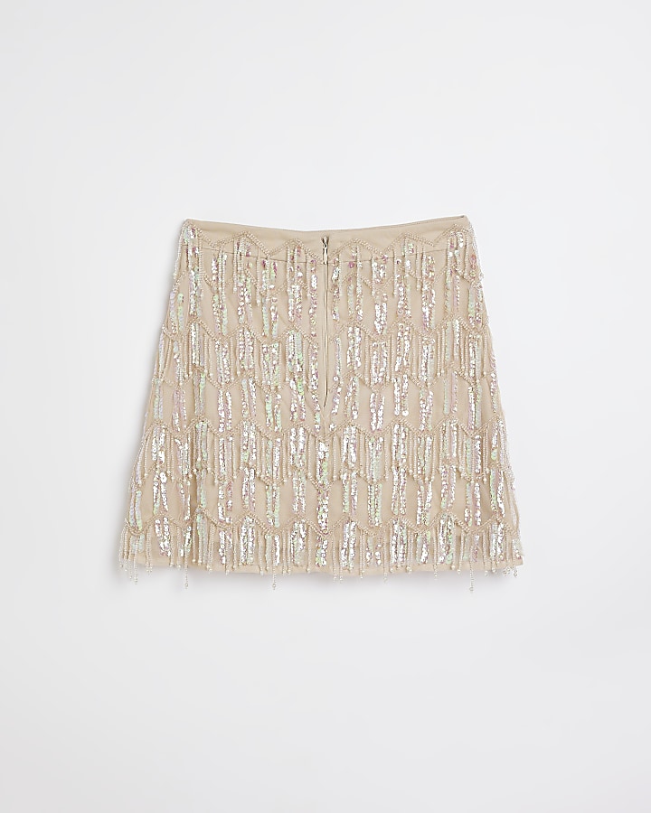 Girls beige embellished tassel skirt