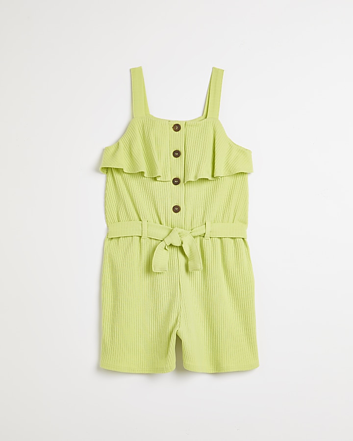 Girls lime tie waist frill ribbed playsuit