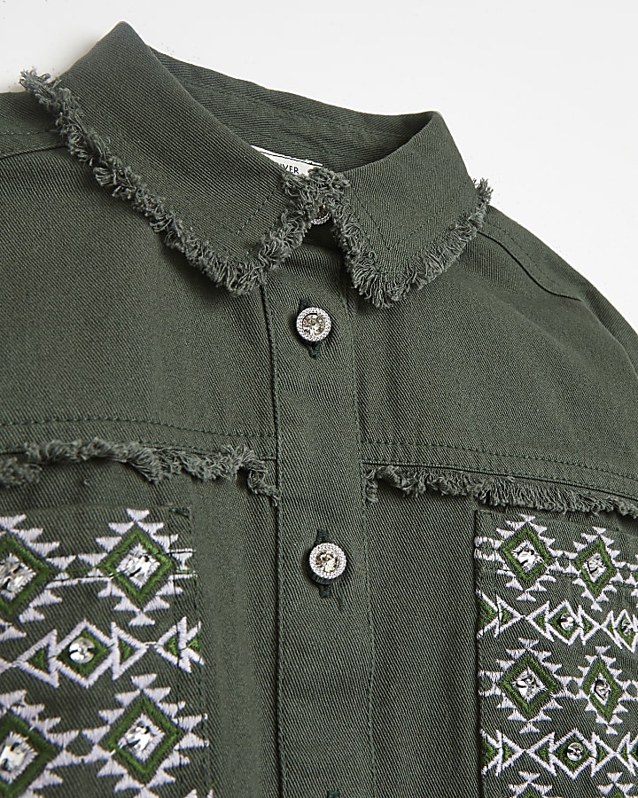 Girls khaki oversized embroidered shacket