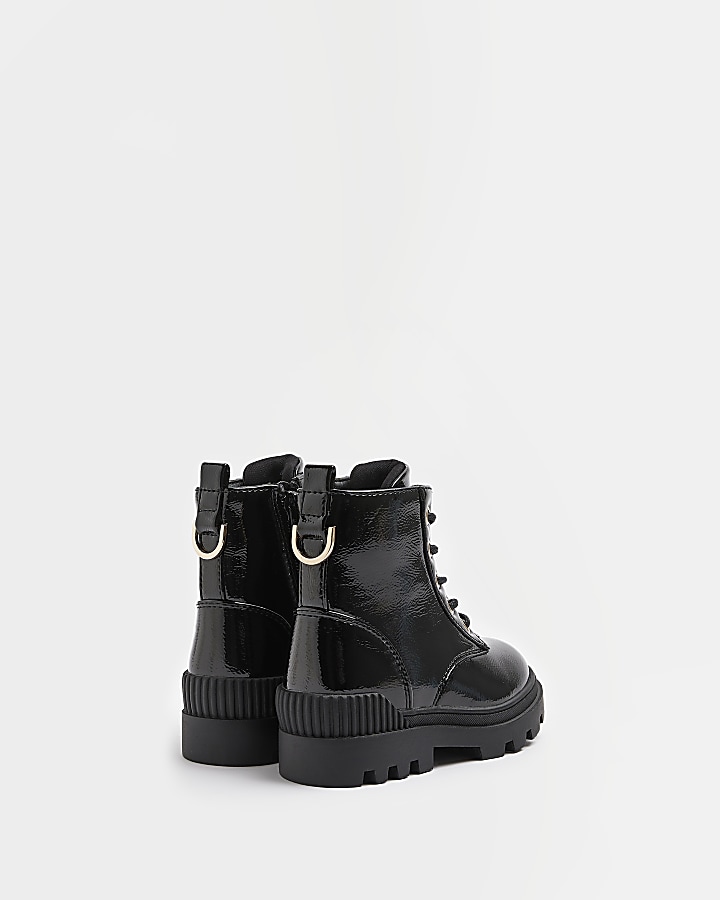 Mini girls black lace up patent chunky boots | River Island
