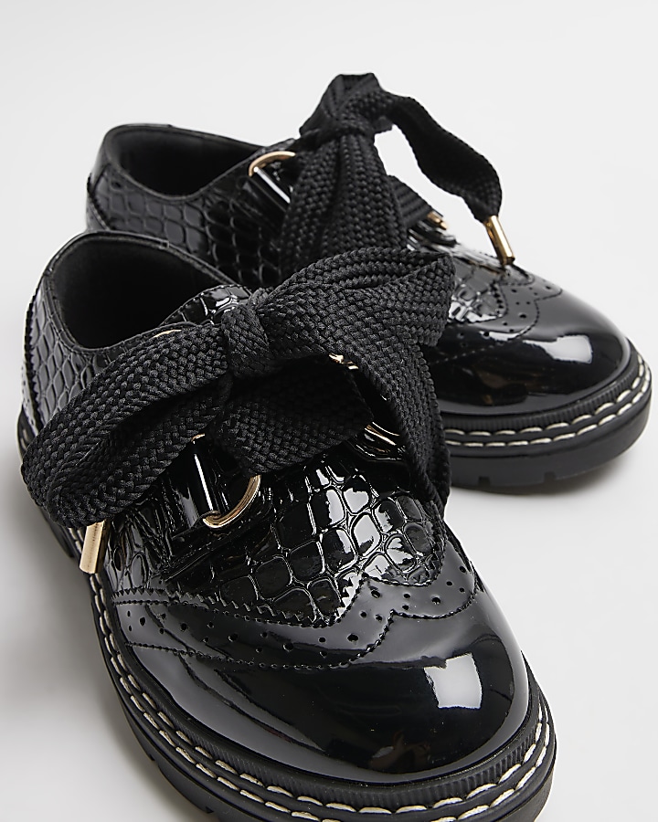 Girls black wide fit PU lace up brogue shoes