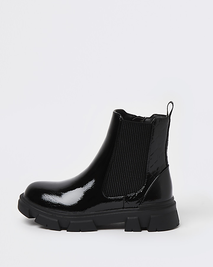 Girls black patent ankle boots | River Island