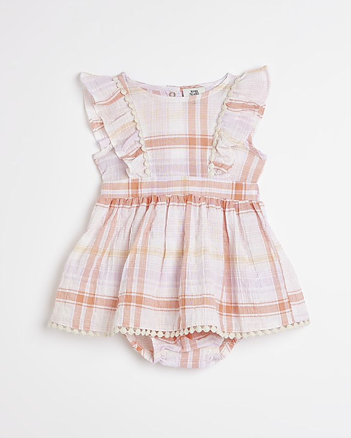 Baby girls coral Check Dress And Bloomer set