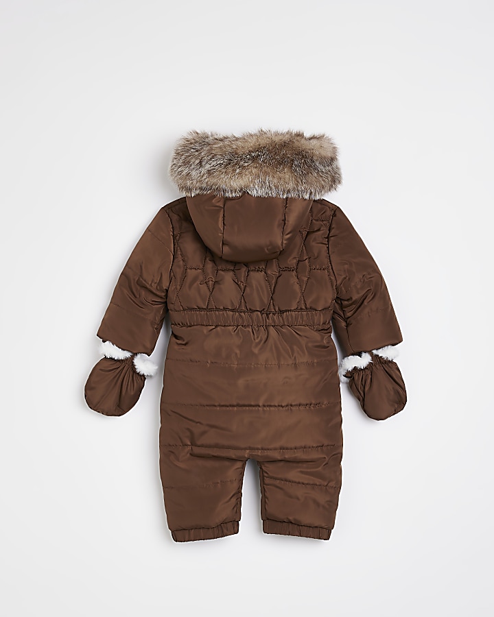 Baby Brown Double Zip hooded Snowsuit River Island