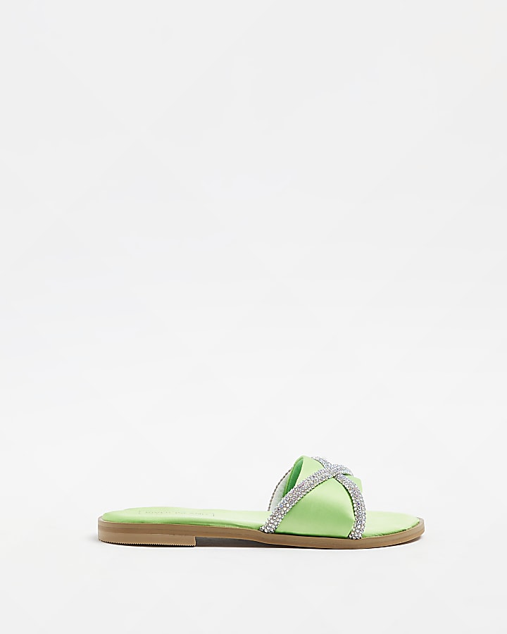 Girls green diamante sliders