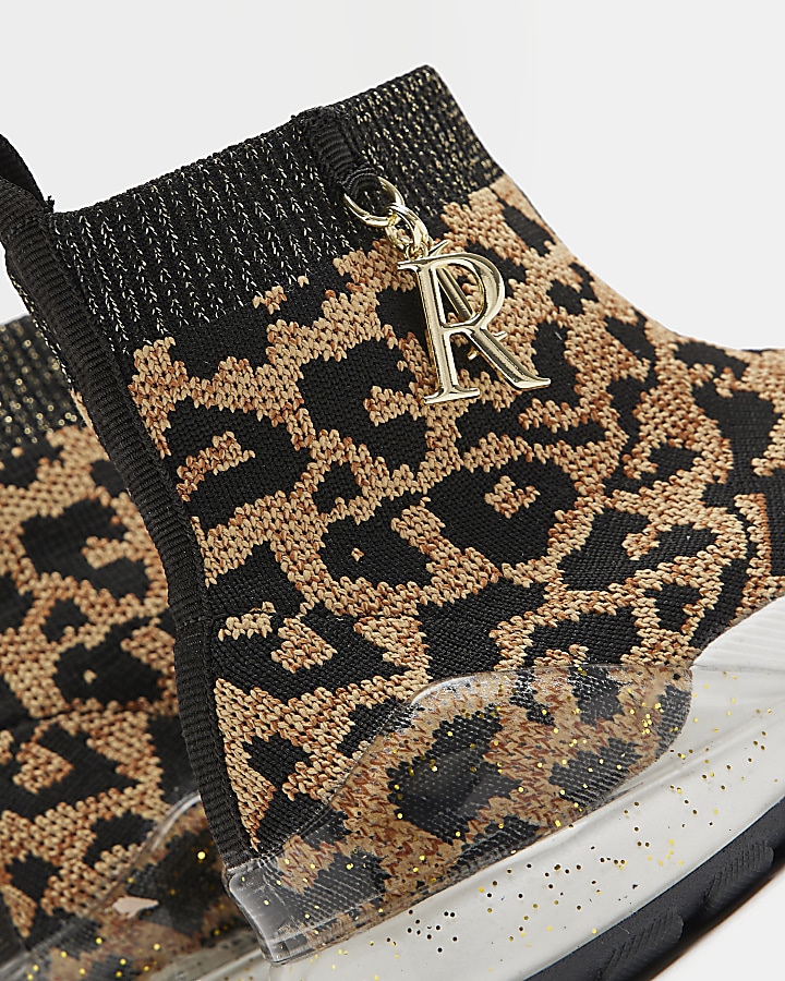 Girls brown leopard knitted high top trainers
