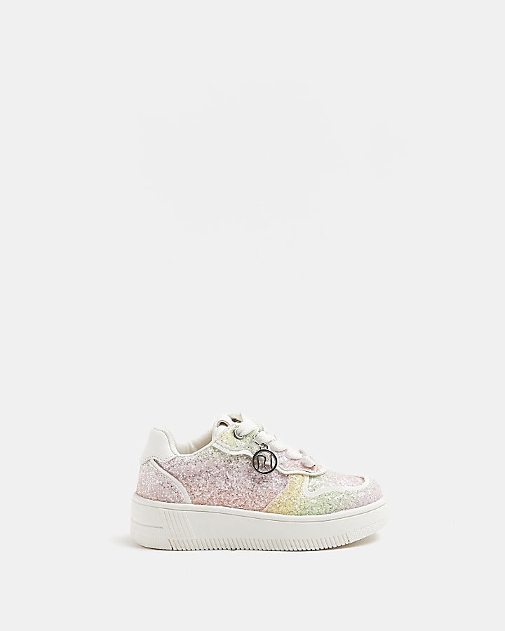 Mini girls White Rainbow Glitter Trainers