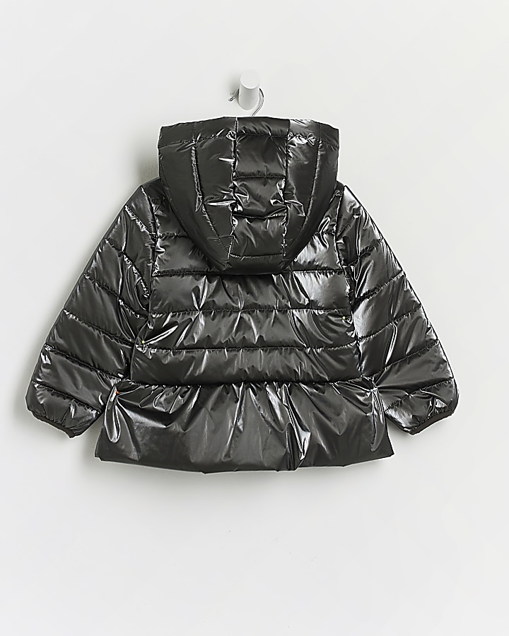 Mini girls grey metallic hooded puffer coat