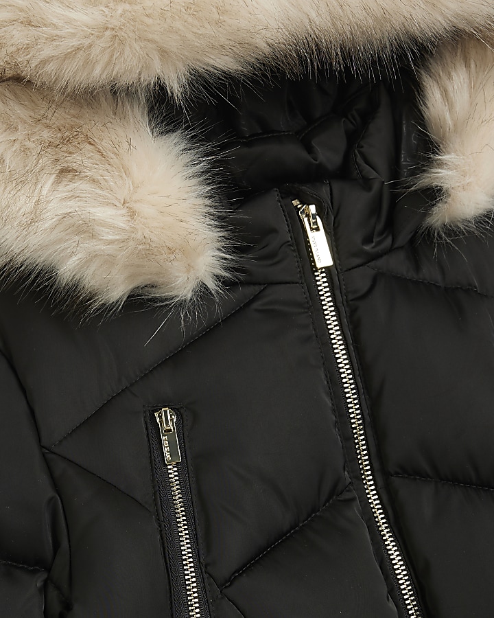 Girls black hooded faux fur trim puffer coat | River Island