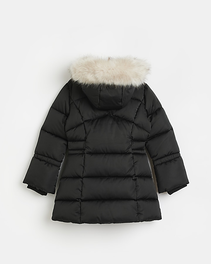 Girls black hooded faux fur trim puffer coat | River Island