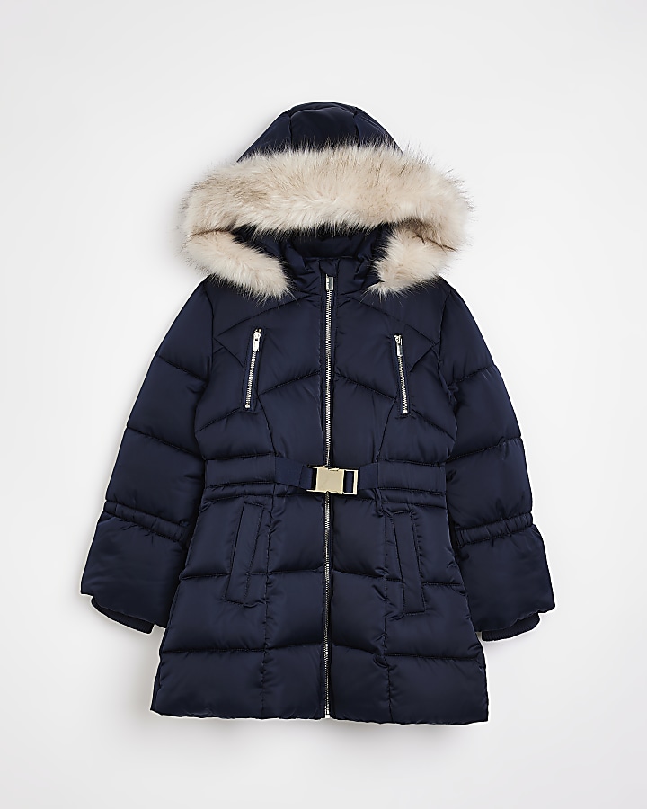 Navy Faux Fur Hood Belted Puffer Coat