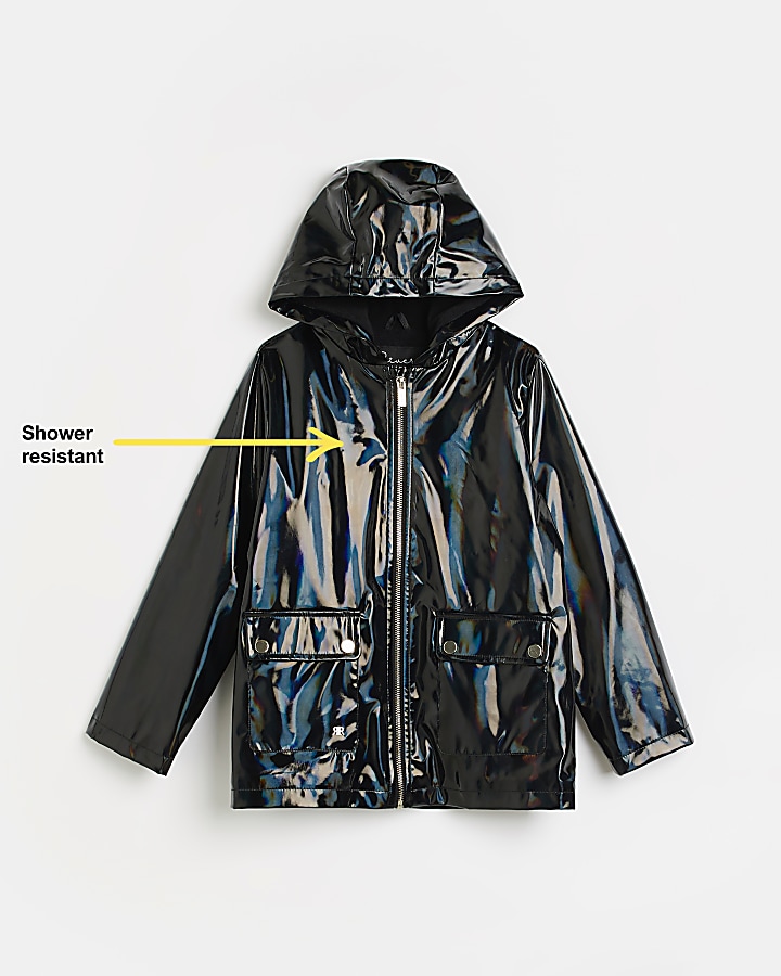 Girls black shower resistant rain coat River Island