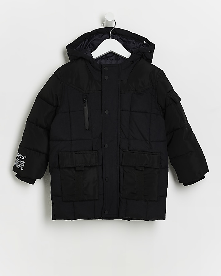Mini boys black hooded padded parka jacket
