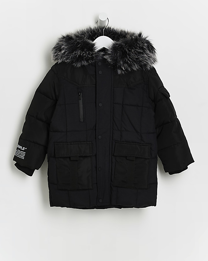 Mini boys black hooded padded parka jacket