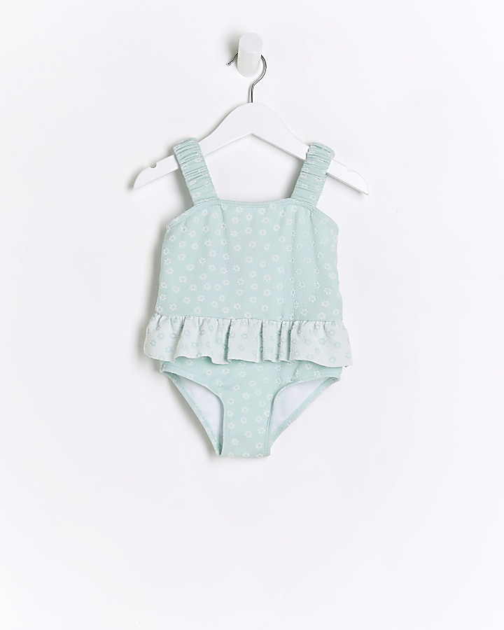 Mini Girls Green Daisy Peplum Swimsuit | River Island