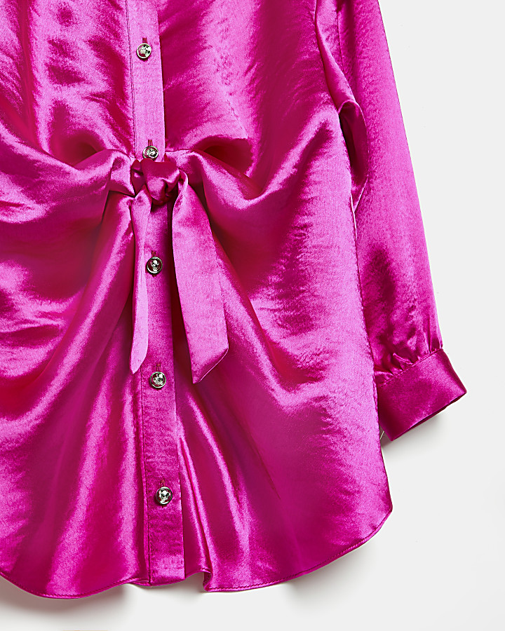Girls pink knot front satin shirt