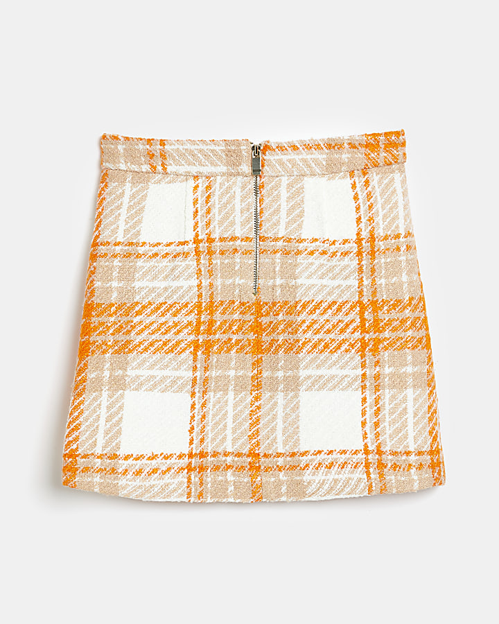 Girls orange boucle check print skirt