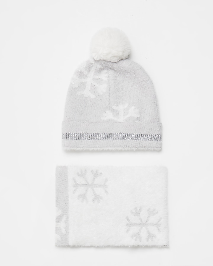 Mini girls grey snowflake scarf and hat