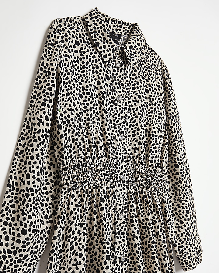 Girls white leopard print shirred midi dress