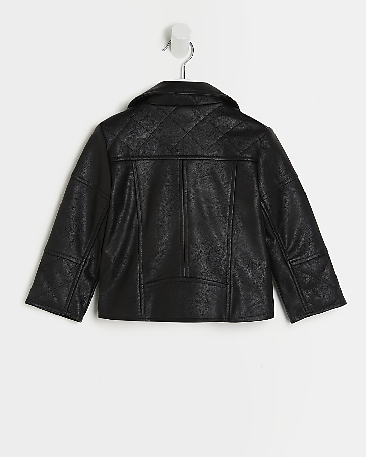 Mini girls black faux leather biker jacket | River Island