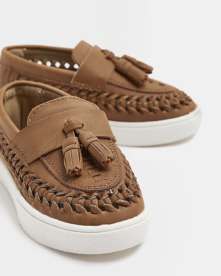 Mini boys beige weave design tassel loafers