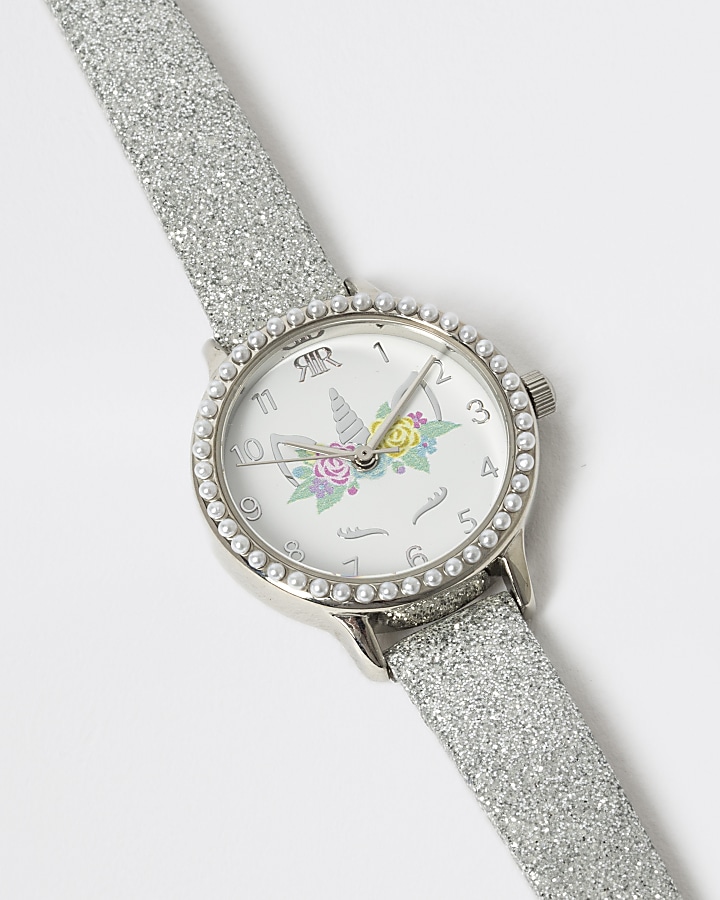 Girls white glitter embellished unicorn watch