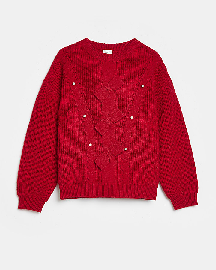 Girls red diamante bow jumper