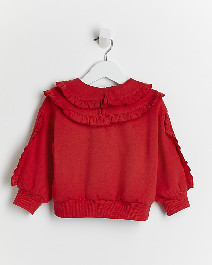 Mini girls red frill collar sweatshirt