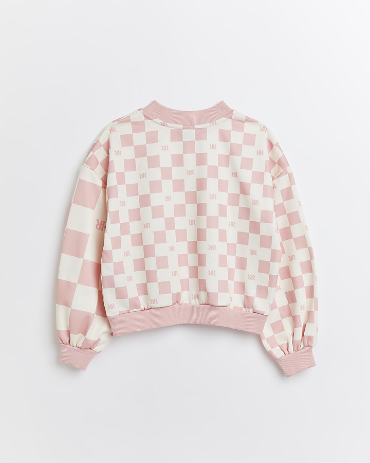 Girls pink check diamante sweatshirt