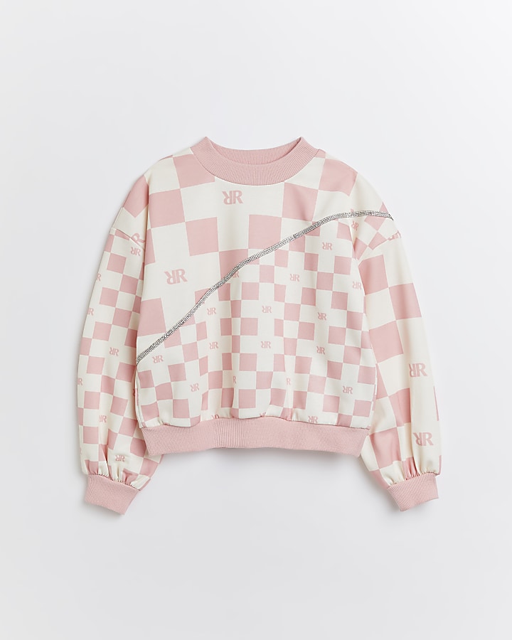 Girls pink check diamante sweatshirt